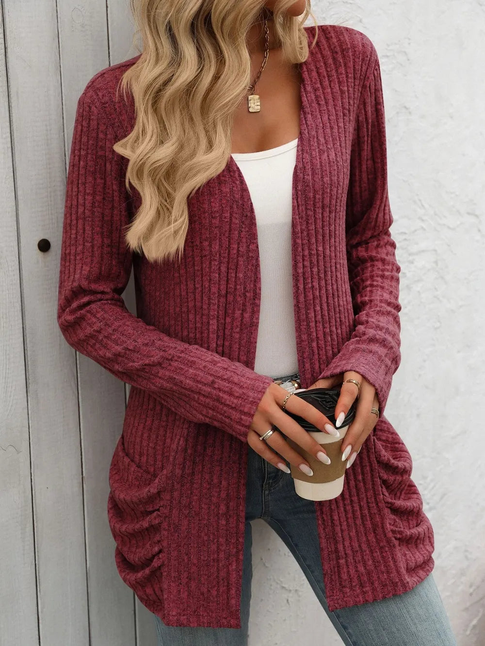 Autumn and winter new solid color pit stripe brushed pocket cardigan long sleeved jacket for women - V.I.P Digital Presence