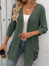 Autumn and winter new solid color pit stripe brushed pocket cardigan long sleeved jacket for women - V.I.P Digital Presence