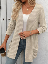 Autumn and winter new solid color pit stripe brushed pocket cardigan long sleeved jacket for women - V.I.P Digital Presence