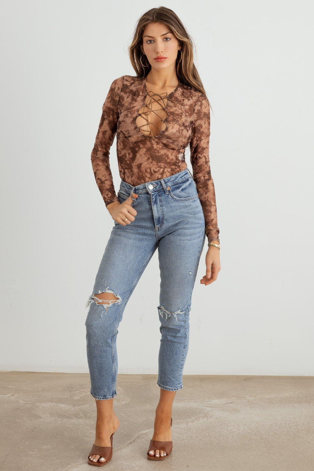 Vivid Veil Abstract Mesh Lace-Up Long Sleeve Bodysuit