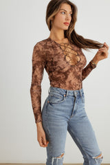 Vivid Veil Abstract Mesh Lace-Up Long Sleeve Bodysuit