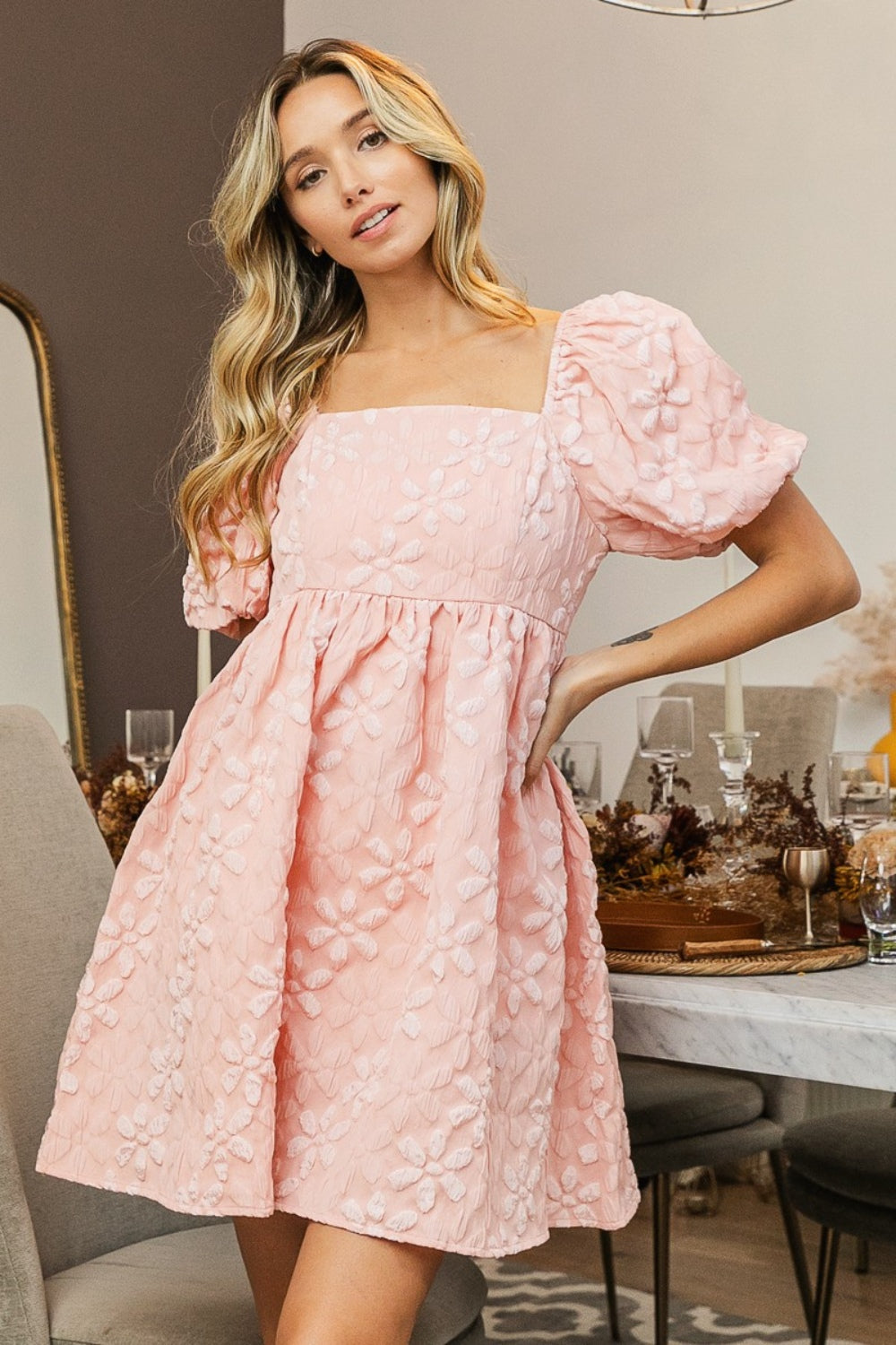 Blossom Puff Sleeve Square Neck Dress