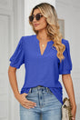 Casual V-neck solid color hollow bubble sleeve loose T-shirt top for women - V.I.P Digital Presence
