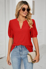 Casual V-neck solid color hollow bubble sleeve loose T-shirt top for women - V.I.P Digital Presence