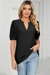 Casual V-neck solid color hollow bubble sleeve loose T-shirt top for women - V.I.P Digital Presence