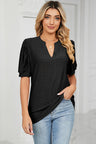 Casual V-neck solid color hollow bubble sleeve loose T-shirt top for women - V.I.P Digital Presence