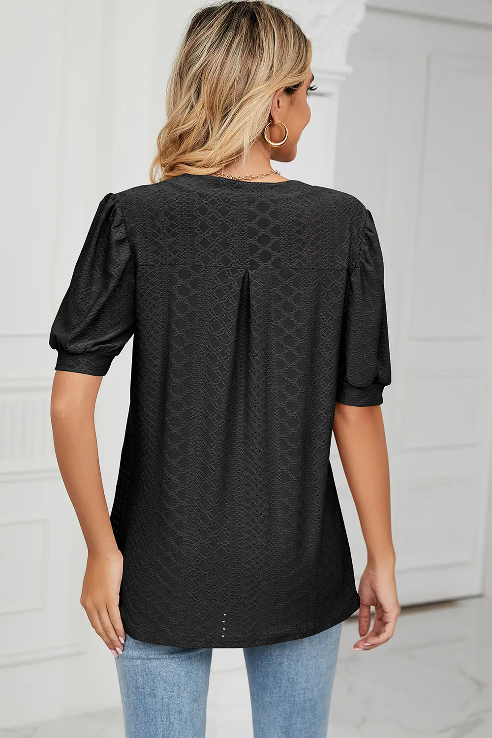 Casual V-neck solid color hollow bubble sleeve loose T-shirt top for women - V.I.P Digital Presence