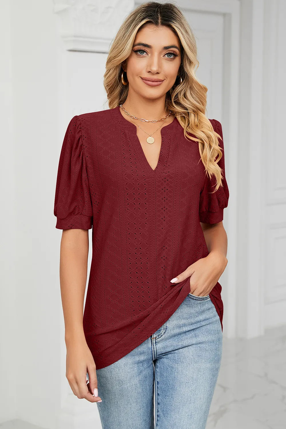 Casual V-neck solid color hollow bubble sleeve loose T-shirt top for women - V.I.P Digital Presence