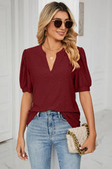 Casual V-neck solid color hollow bubble sleeve loose T-shirt top for women - V.I.P Digital Presence