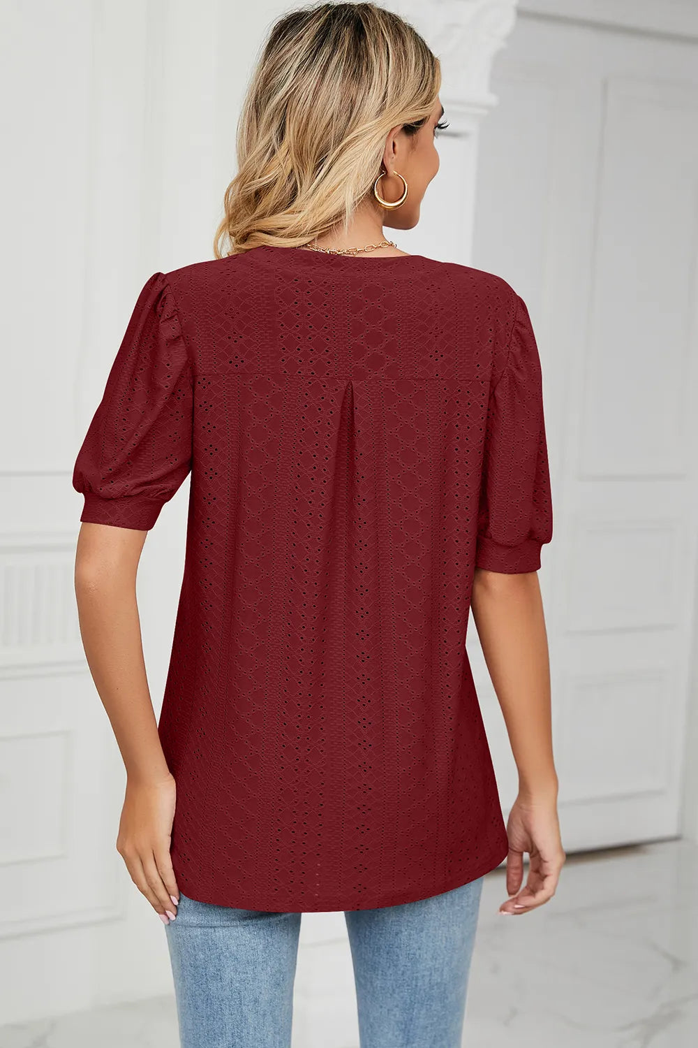 Casual V-neck solid color hollow bubble sleeve loose T-shirt top for women - V.I.P Digital Presence