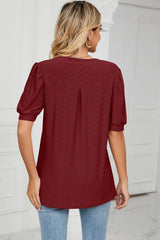 Casual V-neck solid color hollow bubble sleeve loose T-shirt top for women - V.I.P Digital Presence