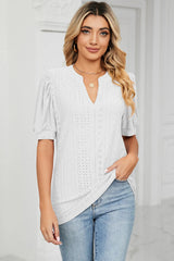 Casual V-neck solid color hollow bubble sleeve loose T-shirt top for women - V.I.P Digital Presence