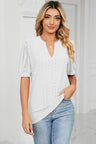 Casual V-neck solid color hollow bubble sleeve loose T-shirt top for women - V.I.P Digital Presence
