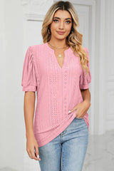 Casual V-neck solid color hollow bubble sleeve loose T-shirt top for women - V.I.P Digital Presence