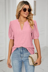 Casual V-neck solid color hollow bubble sleeve loose T-shirt top for women - V.I.P Digital Presence