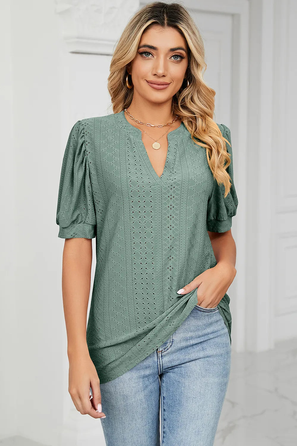Casual V-neck solid color hollow bubble sleeve loose T-shirt top for women - V.I.P Digital Presence