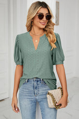 Casual V-neck solid color hollow bubble sleeve loose T-shirt top for women - V.I.P Digital Presence