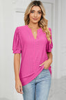 Casual V-neck solid color hollow bubble sleeve loose T-shirt top for women - V.I.P Digital Presence
