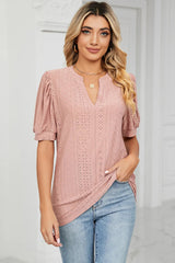 Casual V-neck solid color hollow bubble sleeve loose T-shirt top for women - V.I.P Digital Presence