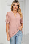 Casual V-neck solid color hollow bubble sleeve loose T-shirt top for women - V.I.P Digital Presence