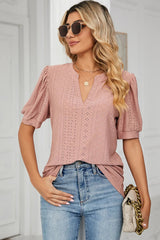Casual V-neck solid color hollow bubble sleeve loose T-shirt top for women - V.I.P Digital Presence