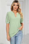 Casual V-neck solid color hollow bubble sleeve loose T-shirt top for women - V.I.P Digital Presence