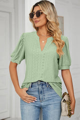 Casual V-neck solid color hollow bubble sleeve loose T-shirt top for women - V.I.P Digital Presence