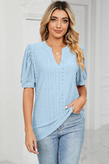 Casual V-neck solid color hollow bubble sleeve loose T-shirt top for women - V.I.P Digital Presence