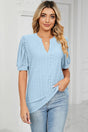 Casual V-neck solid color hollow bubble sleeve loose T-shirt top for women - V.I.P Digital Presence