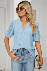 Casual V-neck solid color hollow bubble sleeve loose T-shirt top for women - V.I.P Digital Presence