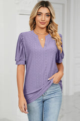 Casual V-neck solid color hollow bubble sleeve loose T-shirt top for women - V.I.P Digital Presence