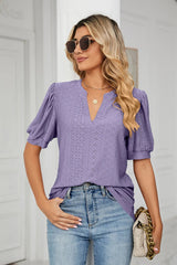 Casual V-neck solid color hollow bubble sleeve loose T-shirt top for women - V.I.P Digital Presence