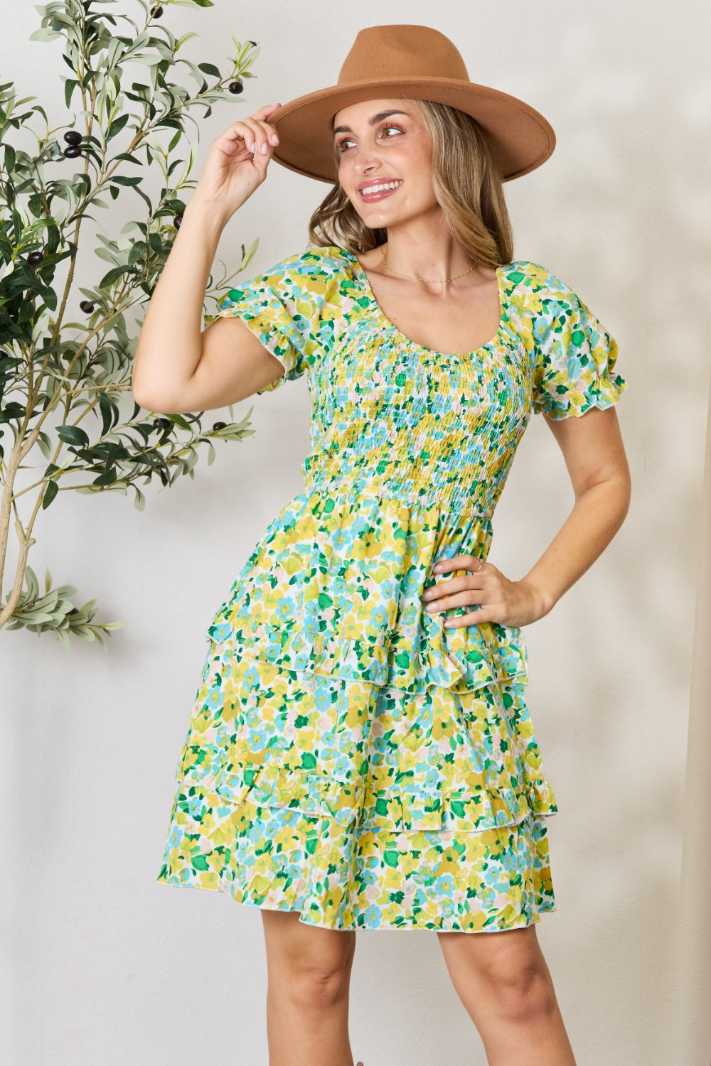 Blooming Grace Smocked Flounce Sleeve Mini Dress