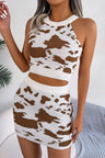 Chic Animal Print Contrast Knit Top & Mini Skirt Set