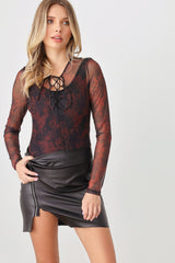 Vivid Veil Abstract Mesh Lace-Up Long Sleeve Bodysuit