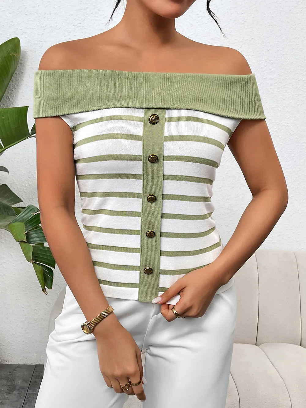 Decorative Button Striped Off-Shoulder Knit Top - V.I.P Digital Presence