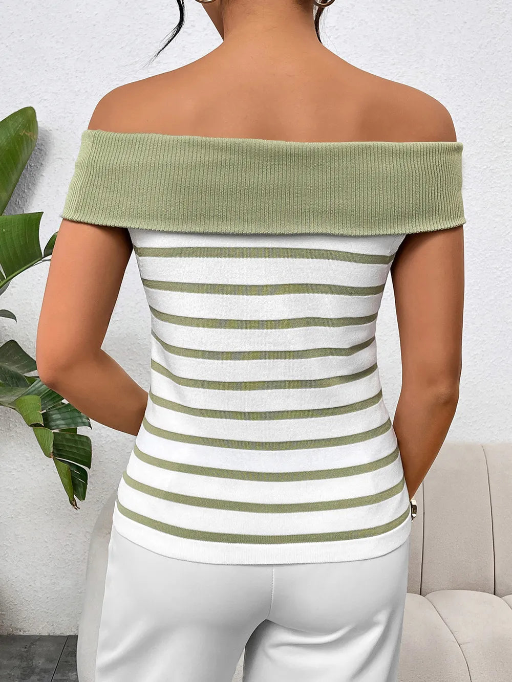 Decorative Button Striped Off-Shoulder Knit Top - V.I.P Digital Presence