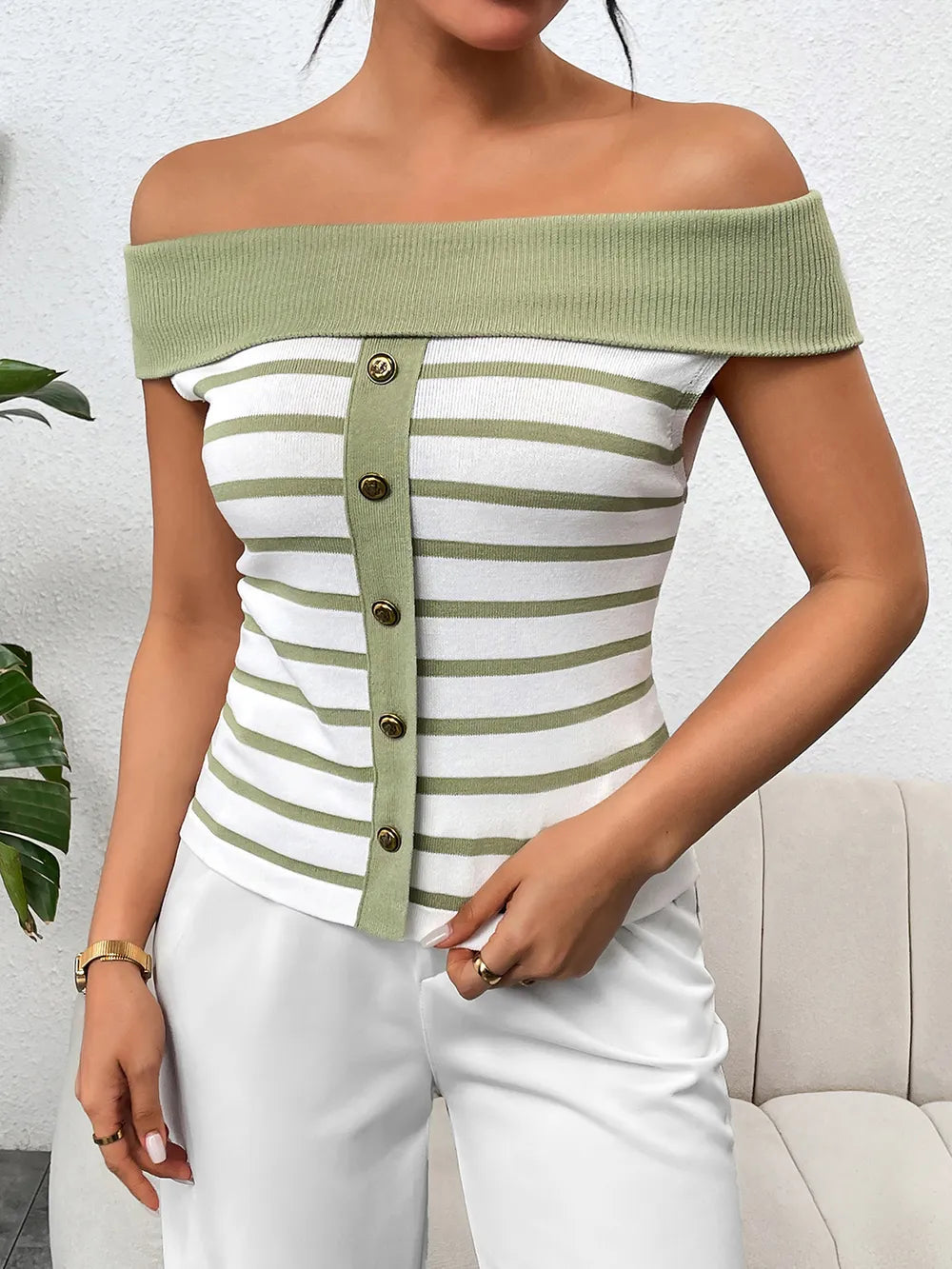 Decorative Button Striped Off-Shoulder Knit Top - V.I.P Digital Presence