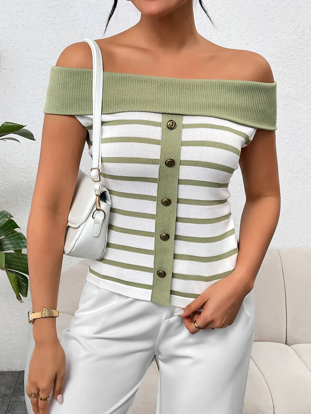 Decorative Button Striped Off-Shoulder Knit Top - V.I.P Digital Presence