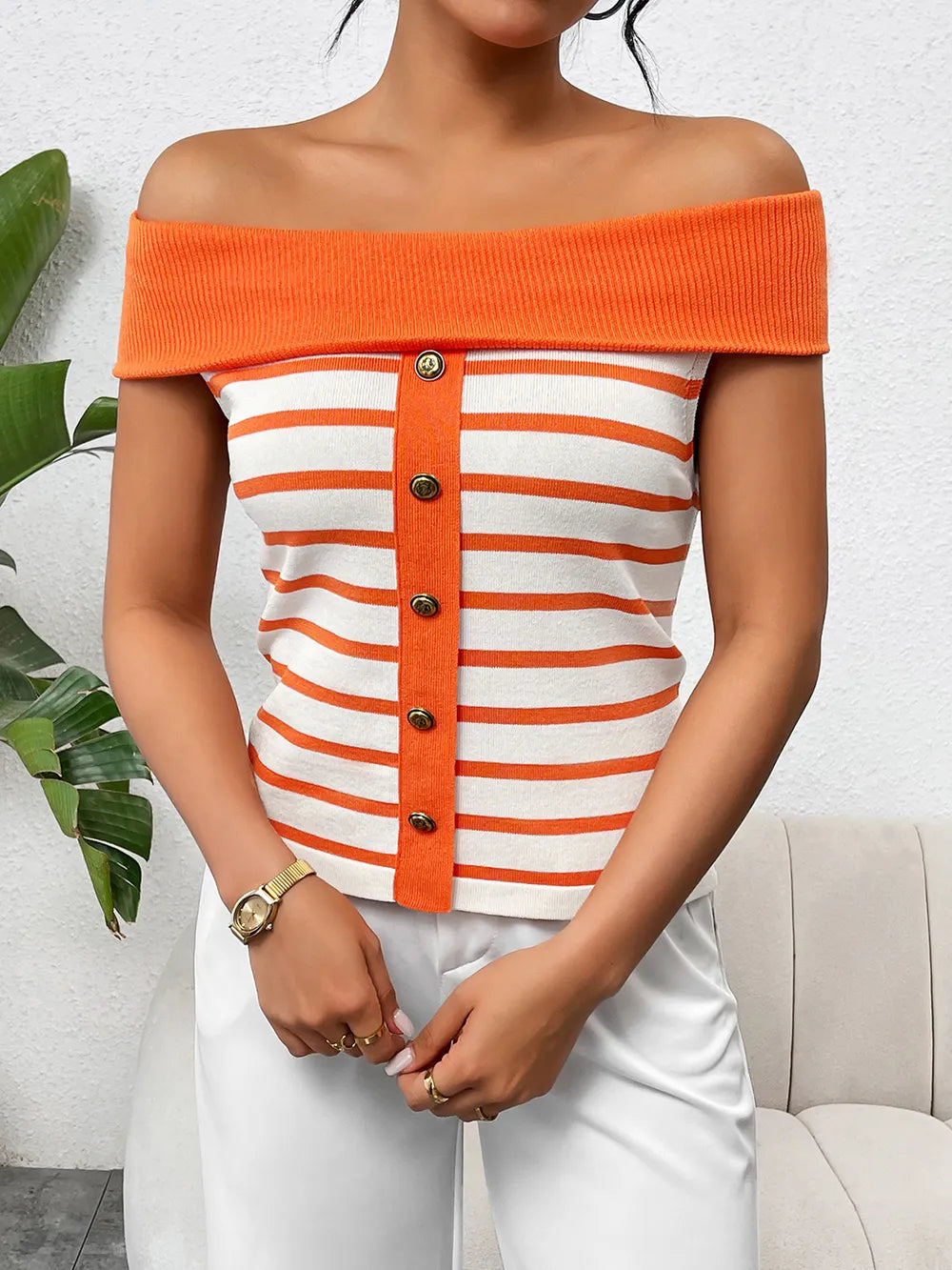 Decorative Button Striped Off-Shoulder Knit Top - V.I.P Digital Presence