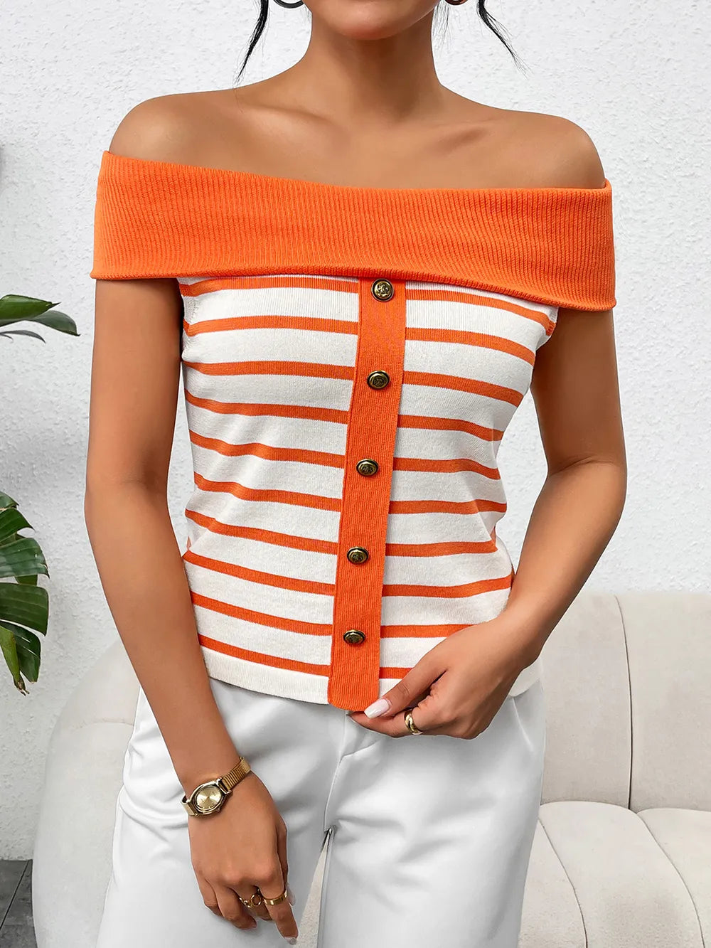 Decorative Button Striped Off-Shoulder Knit Top - V.I.P Digital Presence