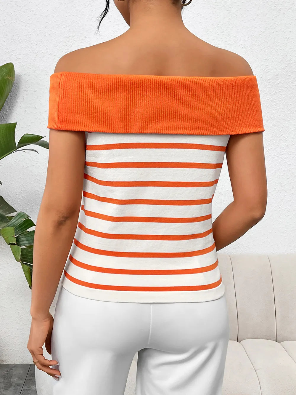 Decorative Button Striped Off-Shoulder Knit Top - V.I.P Digital Presence