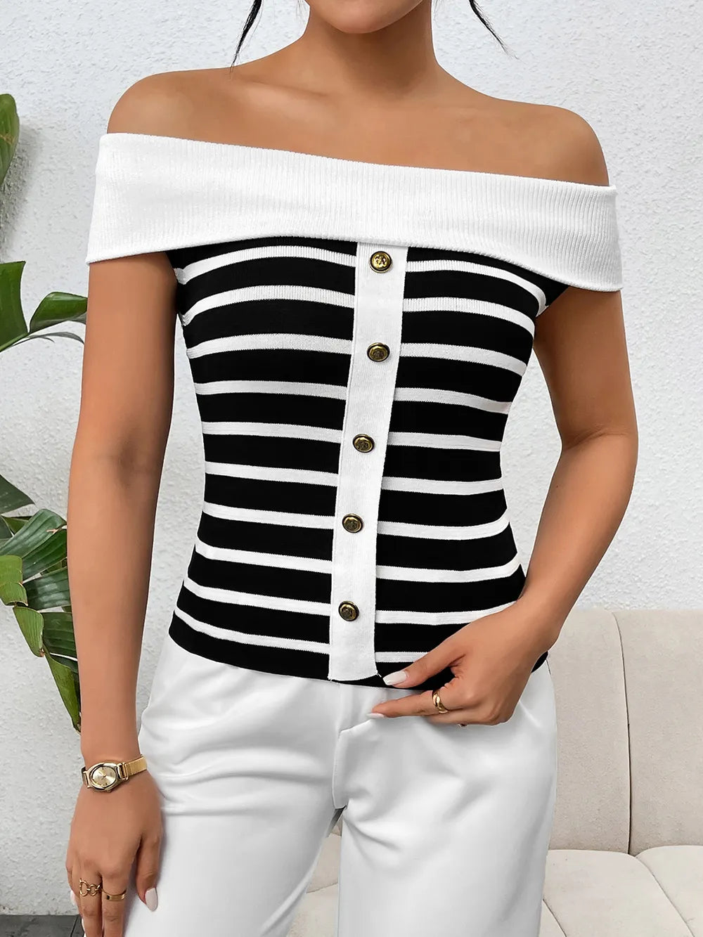 Decorative Button Striped Off-Shoulder Knit Top - V.I.P Digital Presence