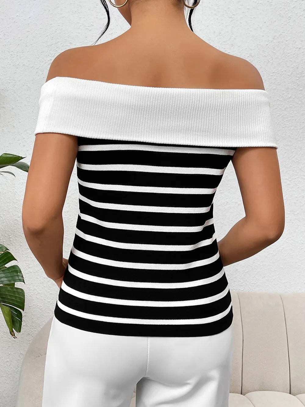 Decorative Button Striped Off-Shoulder Knit Top - V.I.P Digital Presence