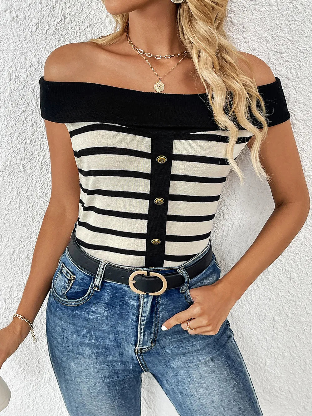 Decorative Button Striped Off-Shoulder Knit Top - V.I.P Digital Presence