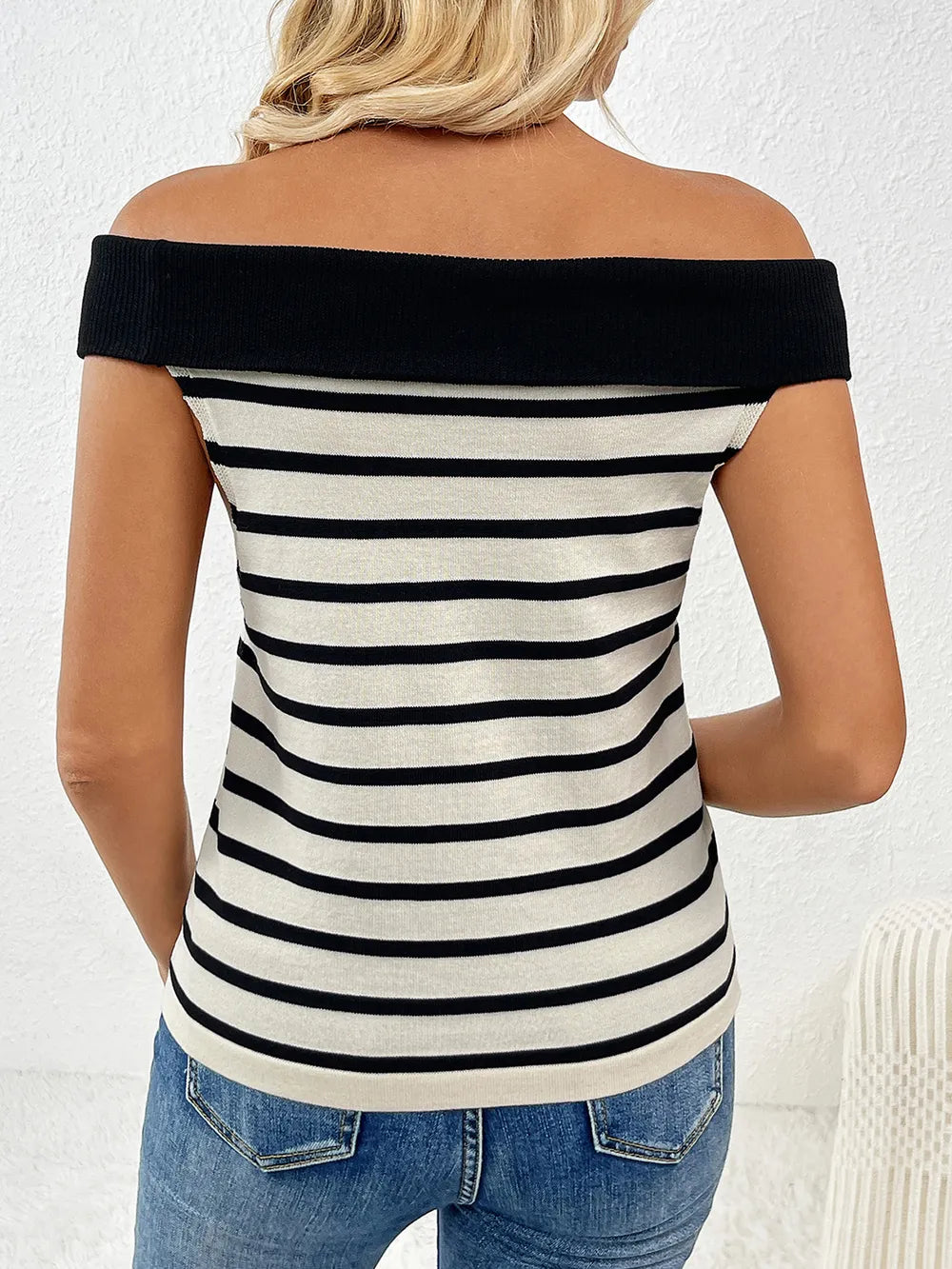 Decorative Button Striped Off-Shoulder Knit Top - V.I.P Digital Presence