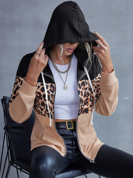 Drawstring Leopard Zip Up Hooded Jacket - V.I.P Digital Presence