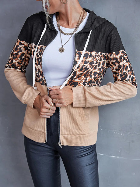 Drawstring Leopard Zip Up Hooded Jacket - V.I.P Digital Presence