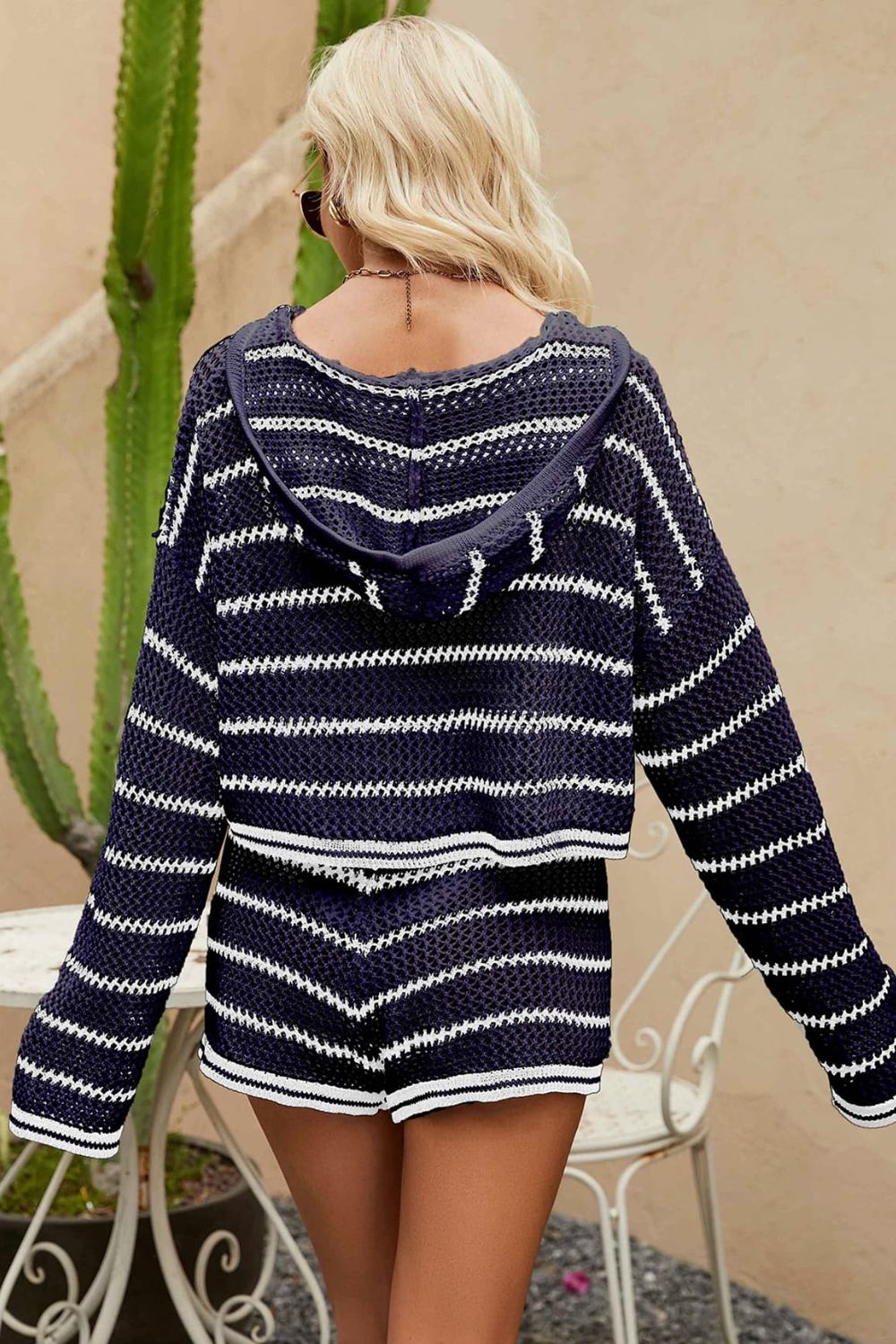 Casual Striped Openwork Hoodie & Shorts Set