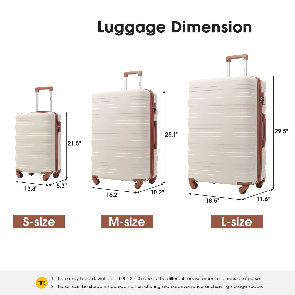 Hardshell Luggage Sets 3 Pcs Spinner Suitcase with TSA Lock Lightweight 20''24''28''  Brown+White + ABS